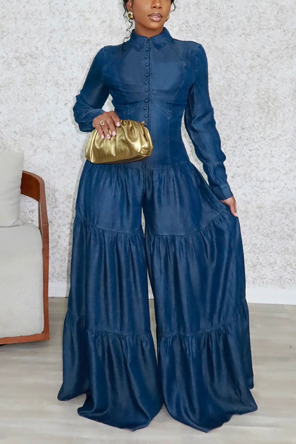 Stylish Sweetheart Collar Denim Jumpsuit