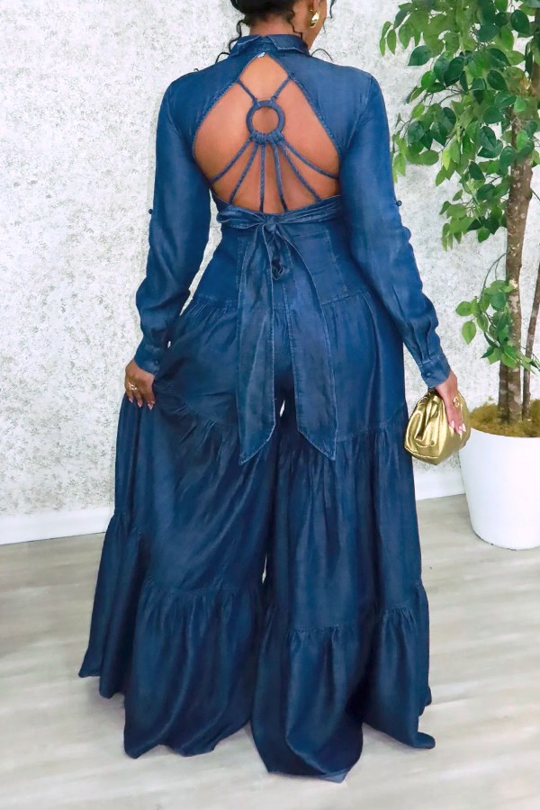 Stylish Sweetheart Collar Denim Jumpsuit