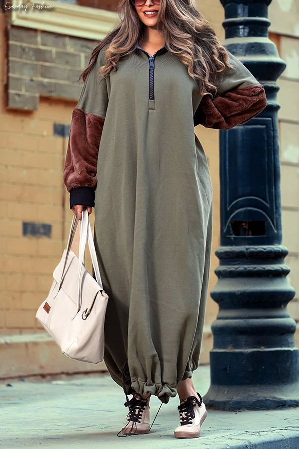 Casual Half Zip Drawstring Hem Dress