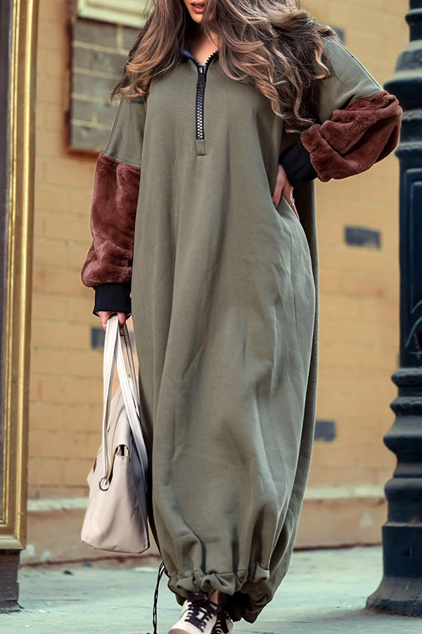 Casual Half Zip Drawstring Hem Dress