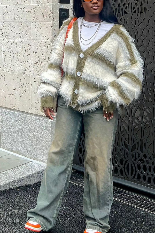 Chic Striped Fuzzy Single Breasted Sweater