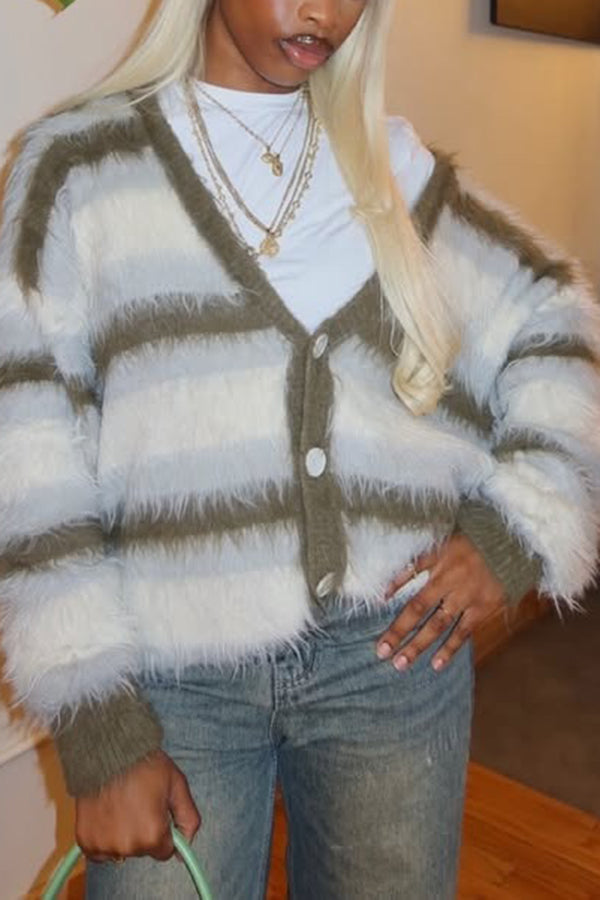 Chic Striped Fuzzy Single Breasted Sweater