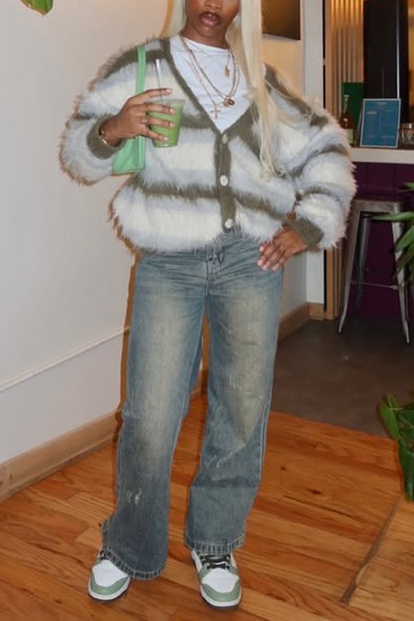 Chic Striped Fuzzy Single Breasted Sweater