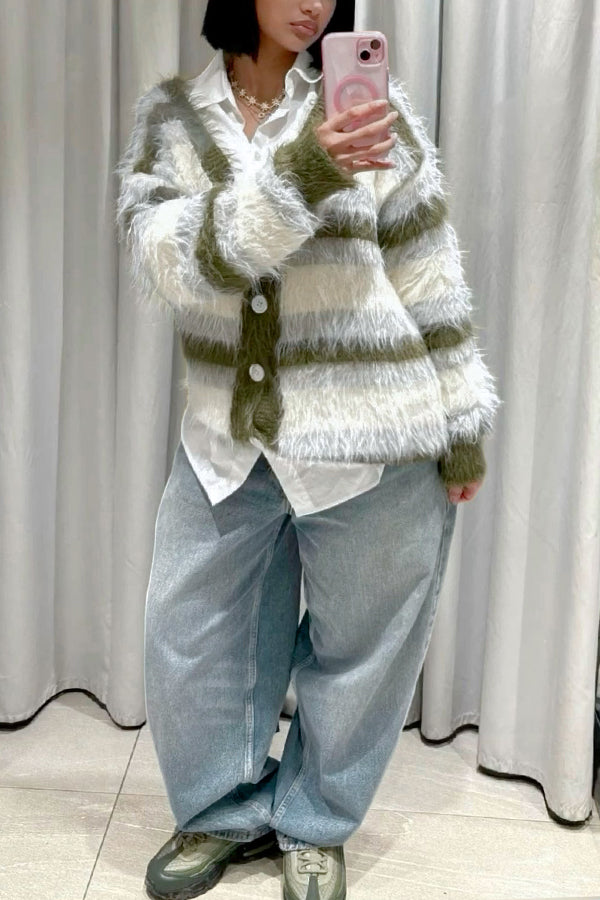 Chic Striped Fuzzy Single Breasted Sweater
