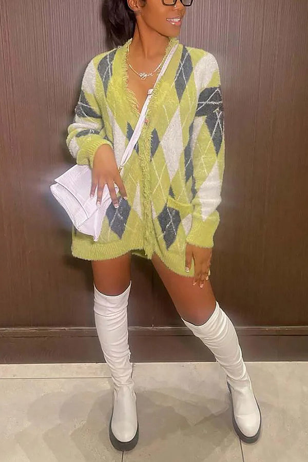 Retro Argyle Pattern Single Breasted Sweater