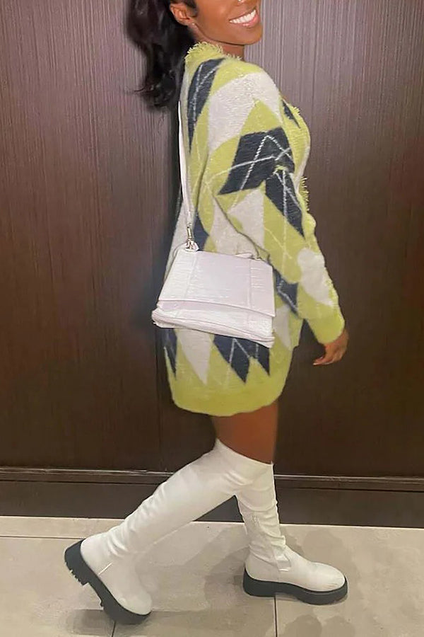 Retro Argyle Pattern Single Breasted Sweater