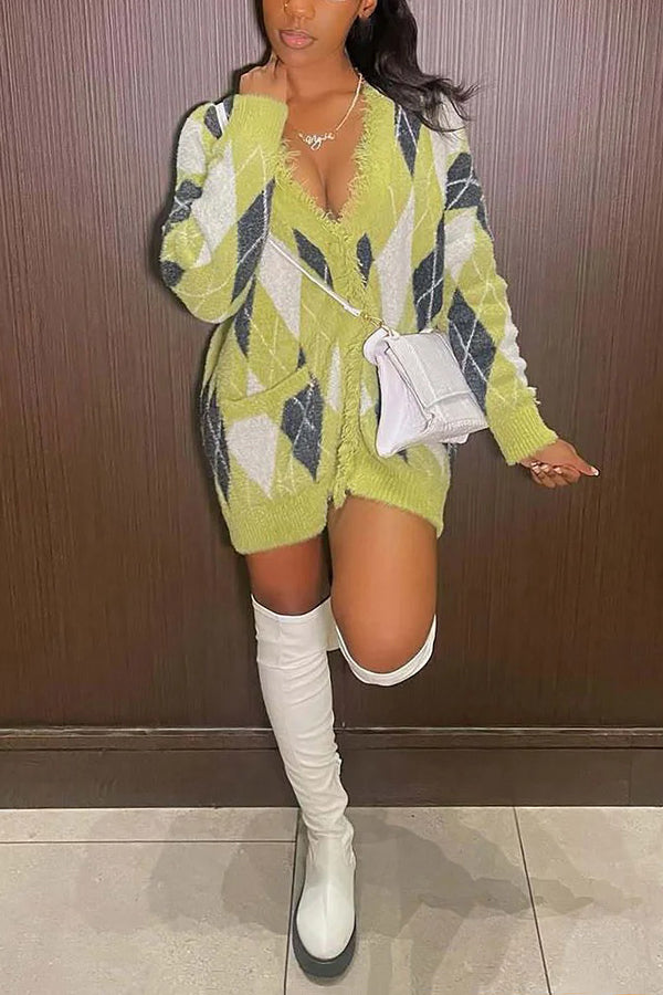 Retro Argyle Pattern Single Breasted Sweater