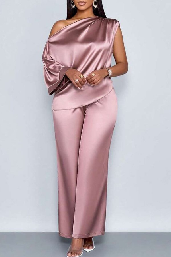 Elegant Satin Oblique Neck Top & Pants Set