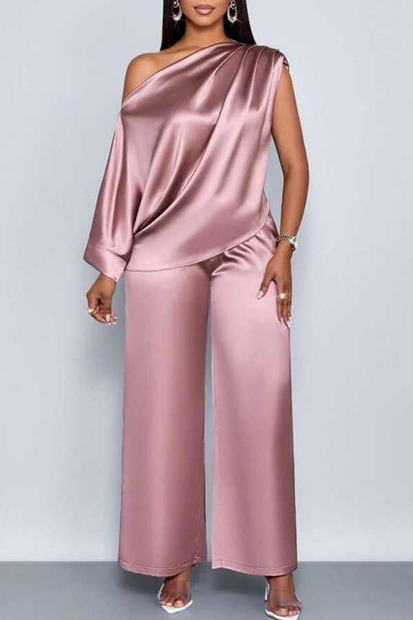 Elegant Satin Oblique Neck Top & Pants Set
