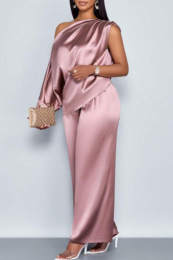 Elegant Satin Oblique Neck Top & Pants Set