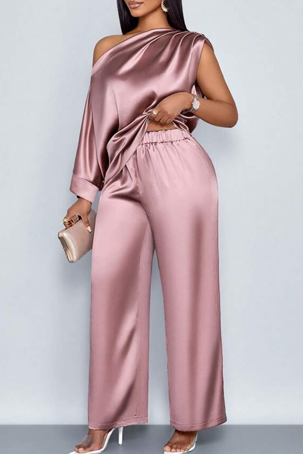 Elegant Satin Oblique Neck Top & Pants Set
