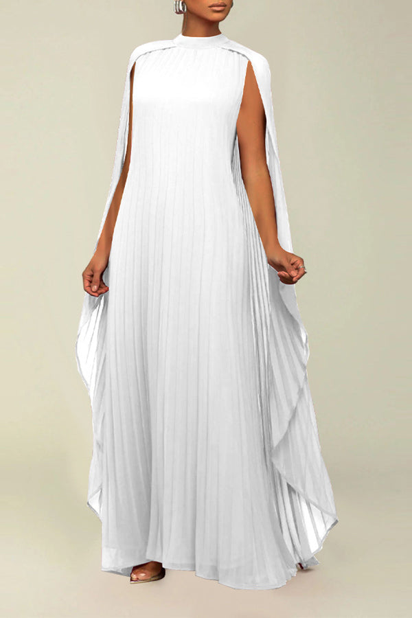 Elegant Round Neck Pleated Cape Dress