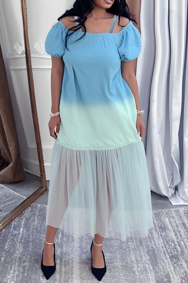 Holiday Gradient Mesh Stitching Denim Dress*