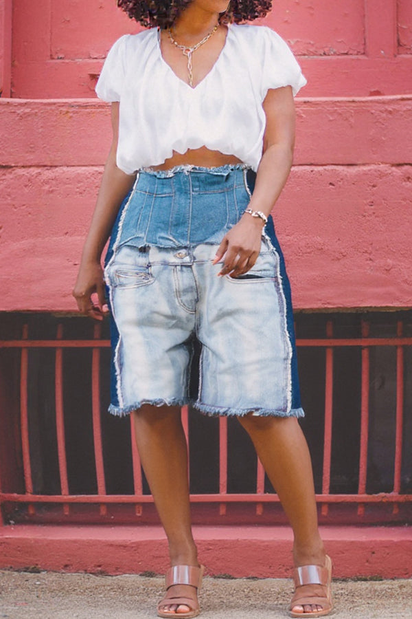 Fashion Street High Waist Patchwork Distressed Denim Shorts*