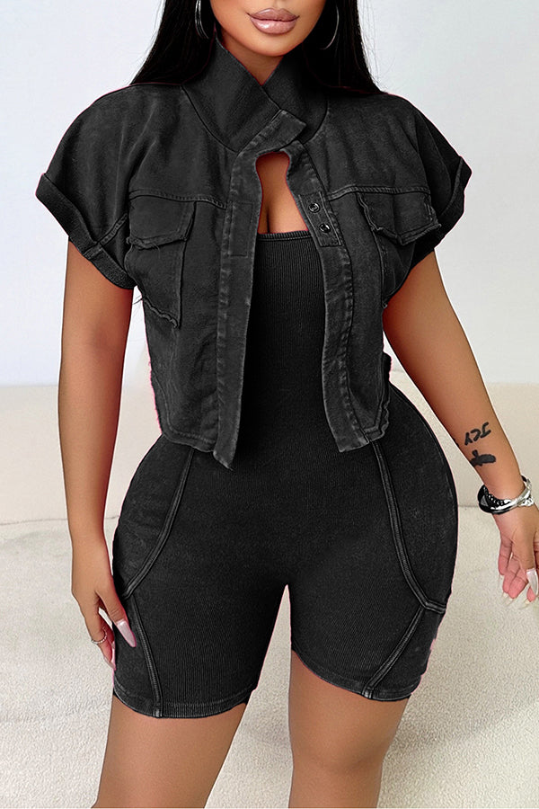 Casual Washed Distressed Romper & Short Sleeved Jacket Set*