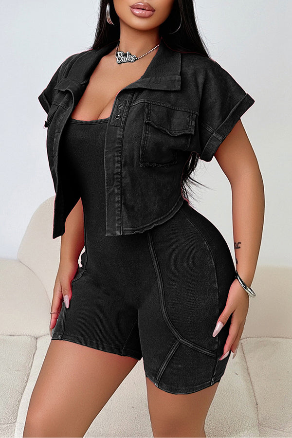 Casual Washed Distressed Romper & Short Sleeved Jacket Set*