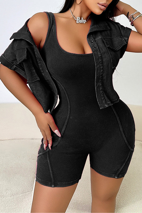 Casual Washed Distressed Romper & Short Sleeved Jacket Set*