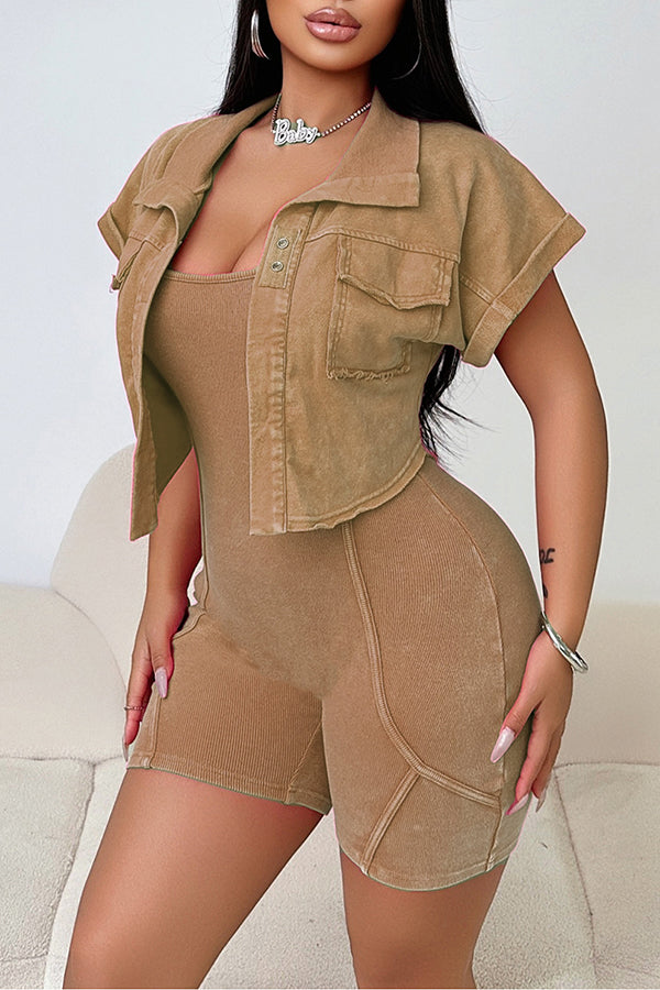 Casual Washed Distressed Romper & Short Sleeved Jacket Set*