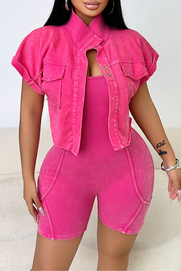 Casual Washed Distressed Romper & Short Sleeved Jacket Set*