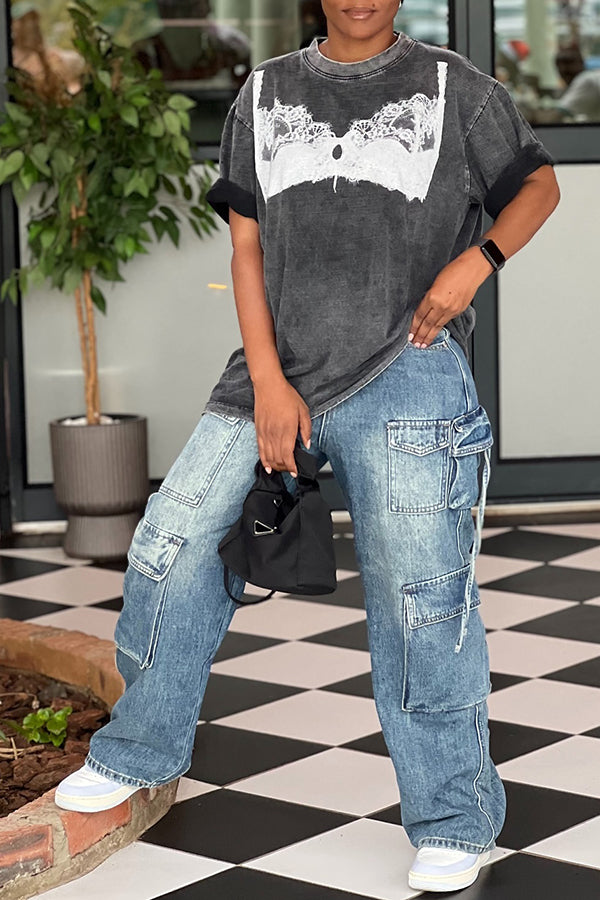 Fashionable Distressed Lace Print T-shirt*