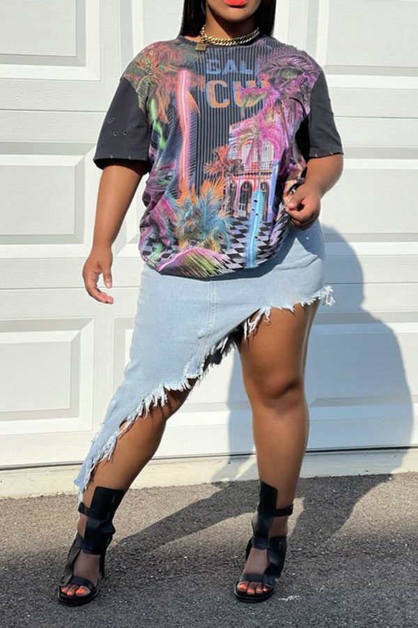 Stylish Distressed City Print T-shirt*