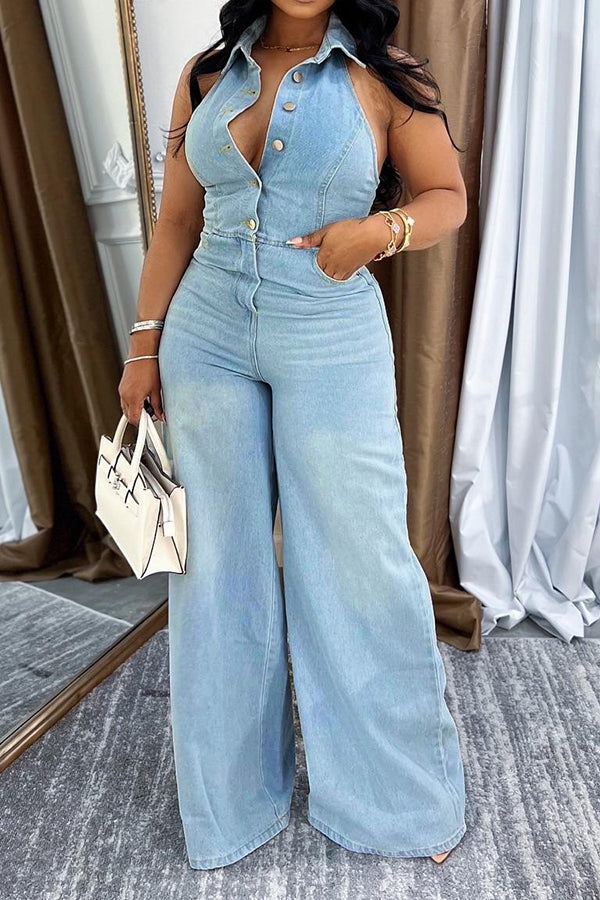 Fashionable Halter Neck And Leaky Back Denim Jumpsuit*