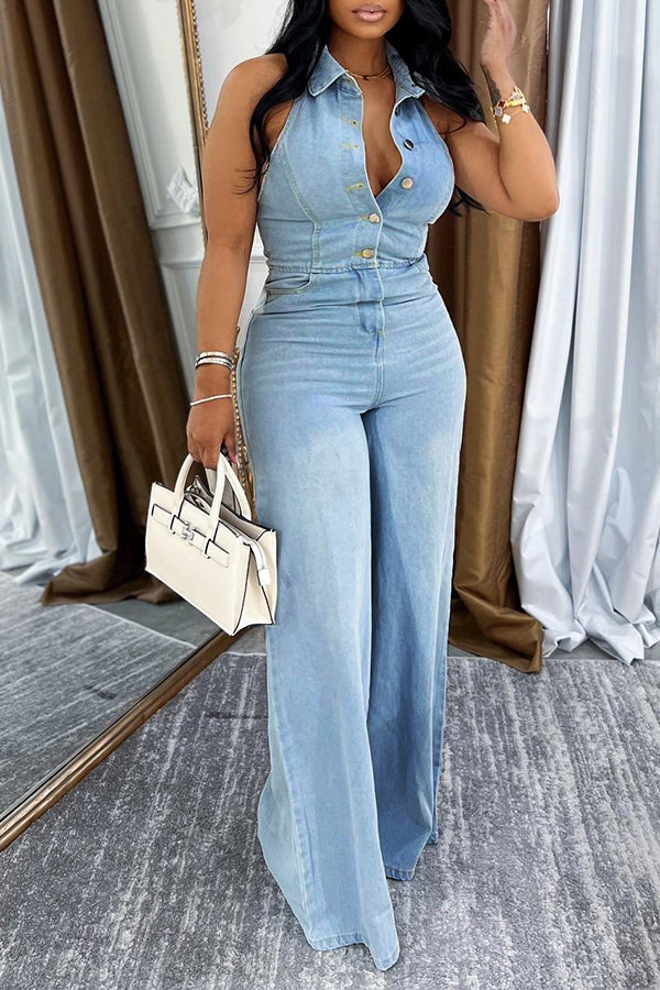 Fashionable Halter Neck And Leaky Back Denim Jumpsuit*