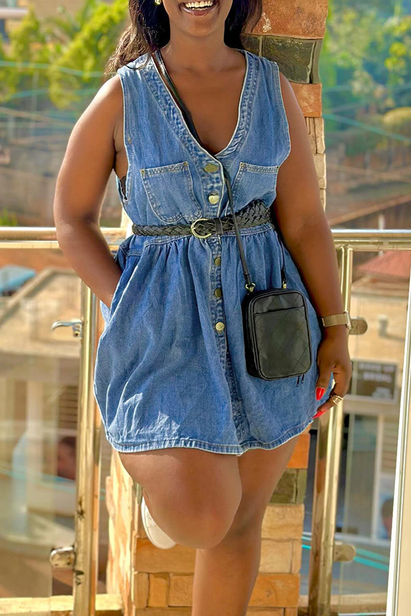 Casual Pocket Single Breasted Sleeveless Denim Dress*