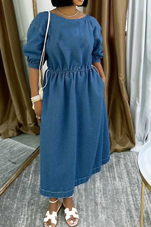Casual Round Neck Drawstring Denim Dress*