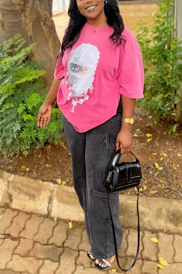 Fashionable Pearl Masked Man Print T-shirt*