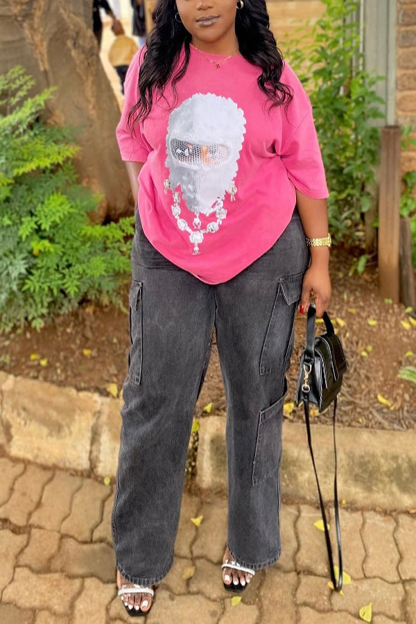 Fashionable Pearl Masked Man Print T-shirt*