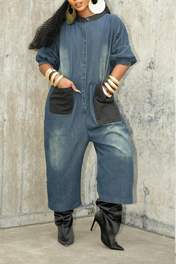 Retro Lazy Style Wide Leg Patch Large Pocket Jumpsuit*
