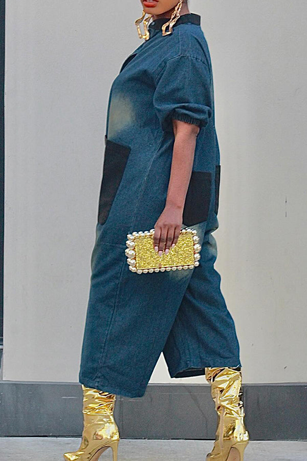 Retro Lazy Style Wide Leg Patch Large Pocket Jumpsuit*