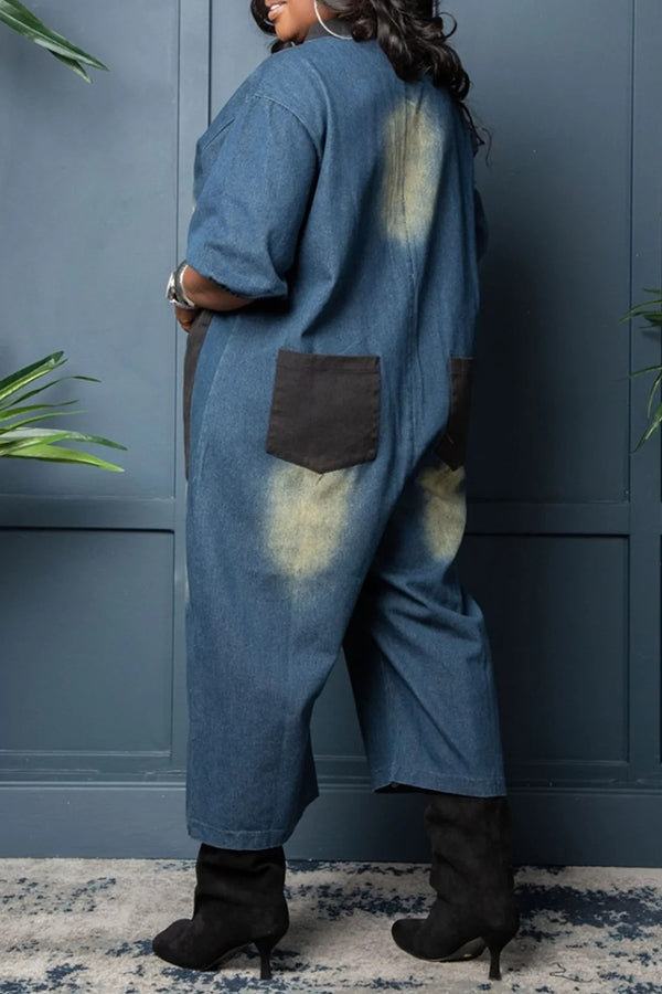 Retro Lazy Style Wide Leg Patch Large Pocket Jumpsuit*