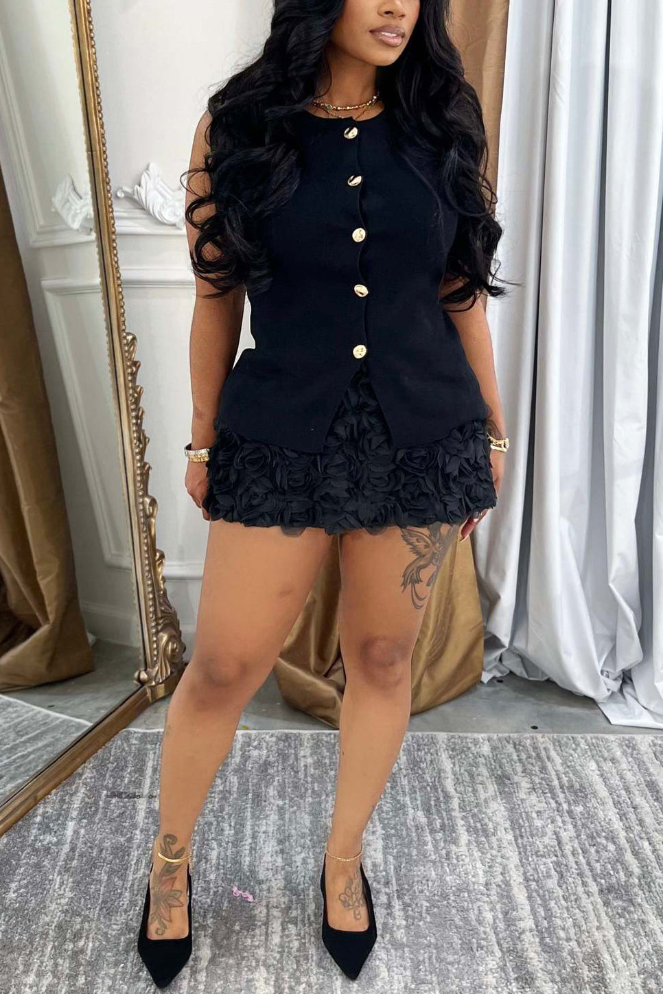 Chic Sleeveless Top & Three Dimensional Flower Hip Wrap Skirt Set*