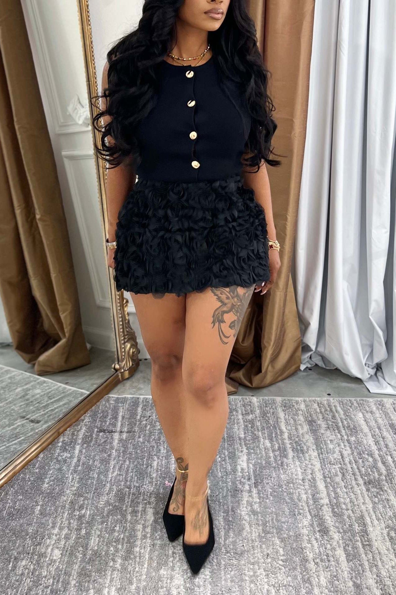 Chic Sleeveless Top & Three Dimensional Flower Hip Wrap Skirt Set*