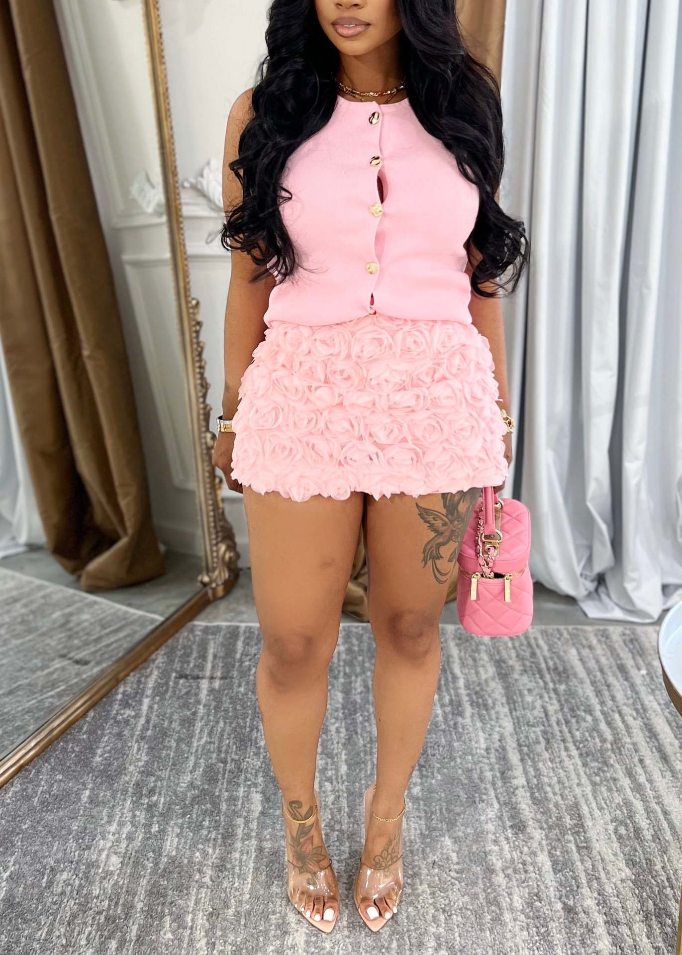 Chic Sleeveless Top & Three Dimensional Flower Hip Wrap Skirt Set*