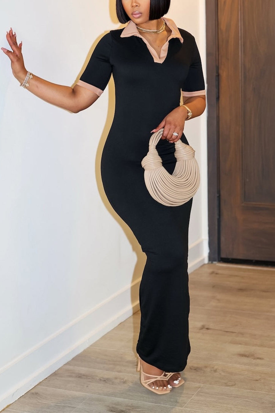 Casual Polo Neck Hip Hugging Colorblock Dress*