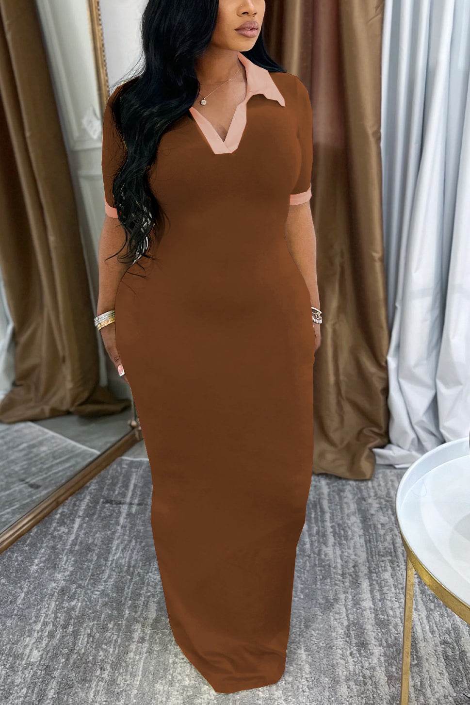 Casual Polo Neck Hip Hugging Colorblock Dress*