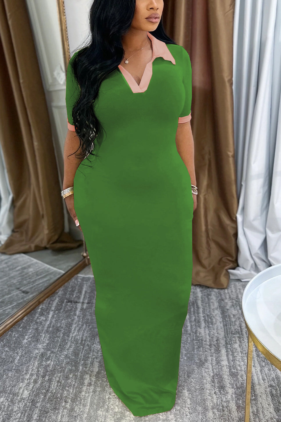 Casual Polo Neck Hip Hugging Colorblock Dress*