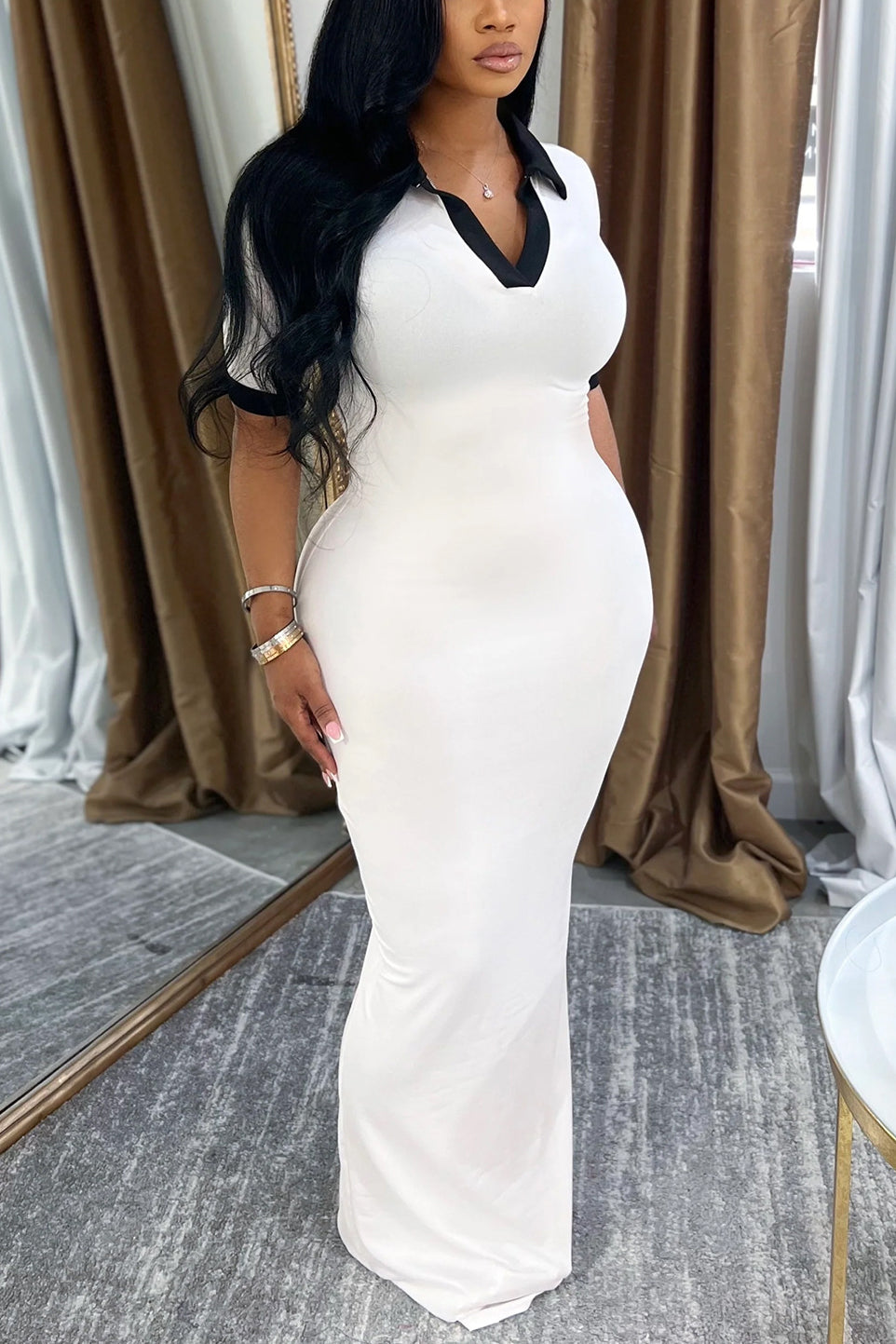 Casual Polo Neck Hip Hugging Colorblock Dress*