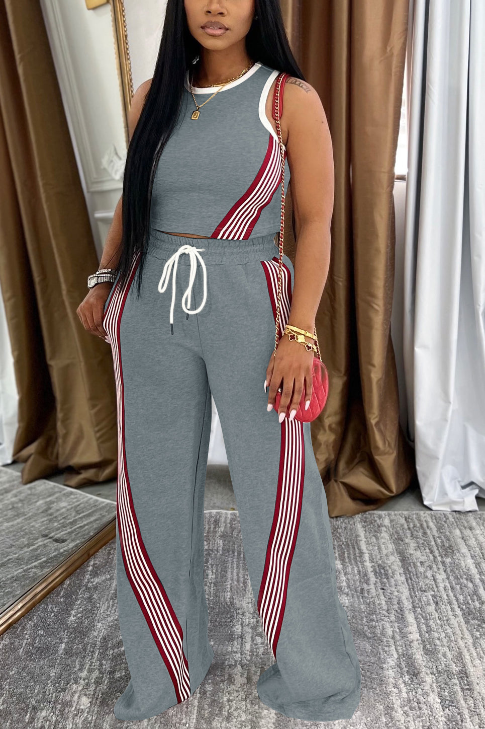 Sports Striped Vest & Drawstring Wide Leg Pants Set*