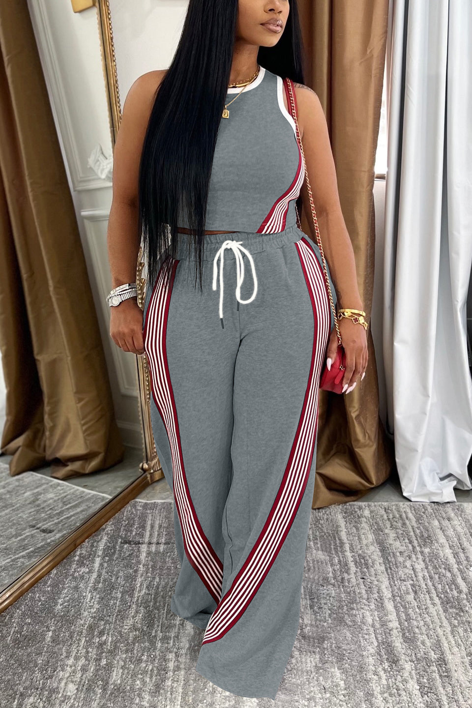 Sports Striped Vest & Drawstring Wide Leg Pants Set*