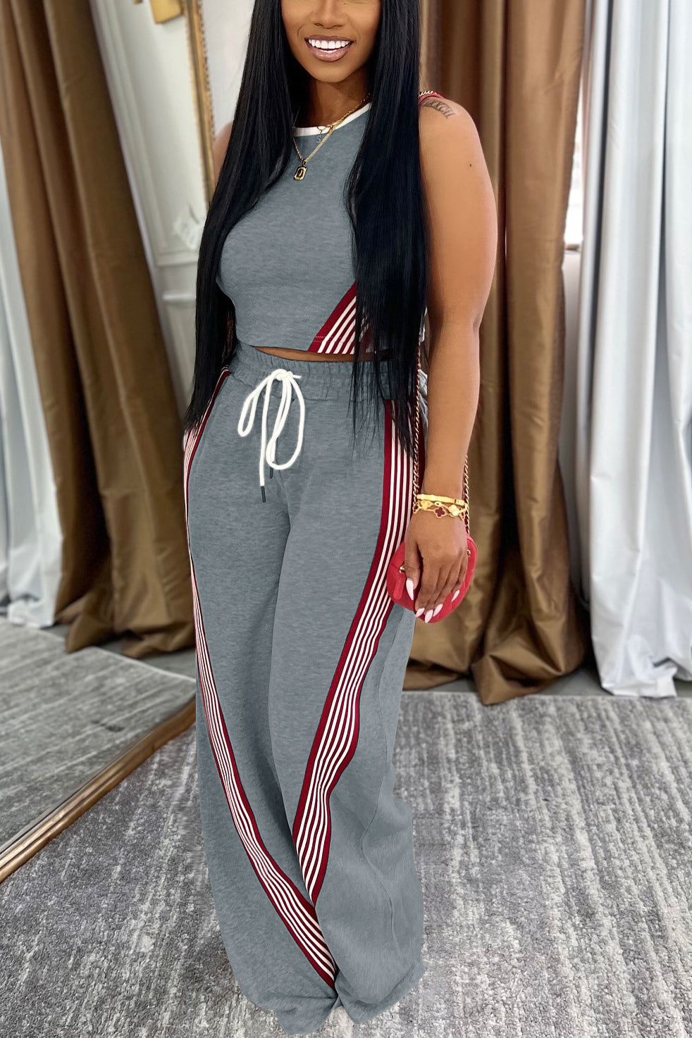 Sports Striped Vest & Drawstring Wide Leg Pants Set*