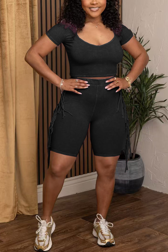 Fashionable Acid Washed Distressed Top & Fringed Stretch Shorts Set*