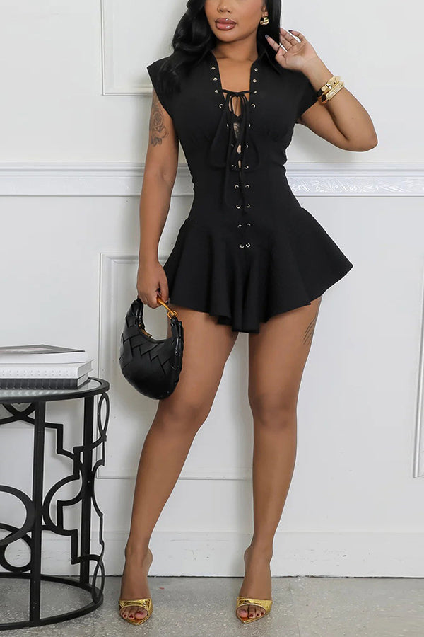 Fashion Lace Up Ruffled Irregular Hem Romper*