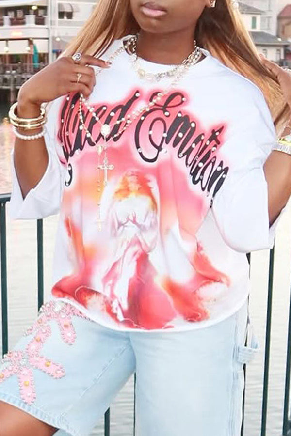 Fashion Loose Angel Letter Printed T-shirt*