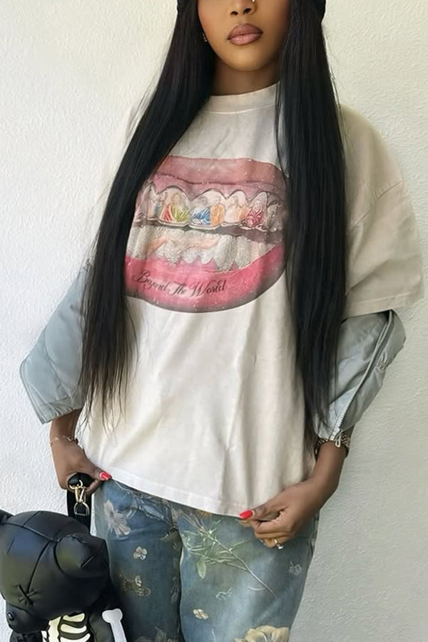 Fashion Loose Abstract Lip Print T-Shirt*