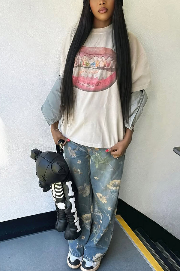 Fashion Loose Abstract Lip Print T-Shirt*