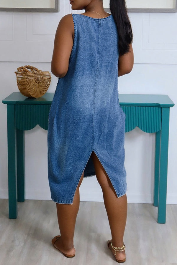 Casual V Neck Slit Bleached Denim Dress*